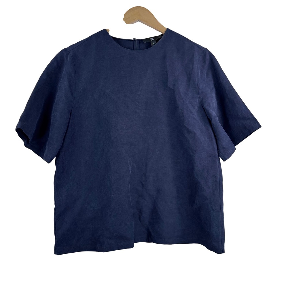 Banana Republic Blouse sz‎ M Navy Blue Linen Blend money preppy 90s